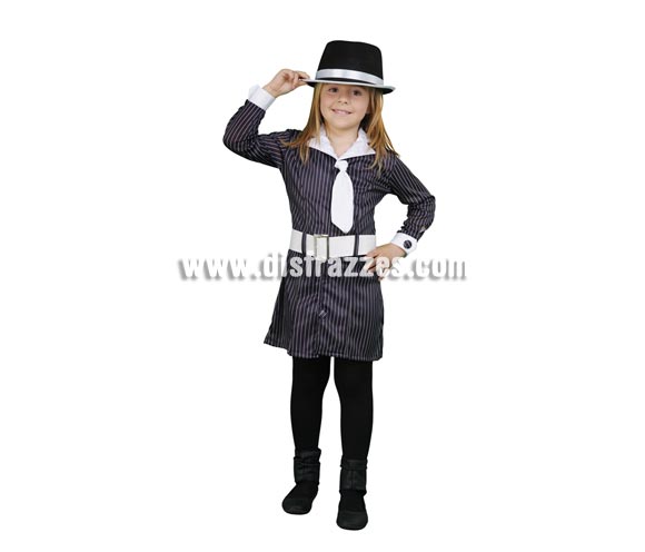 Disfraz barato de Ganster para niñas de 3 a 4 años. Incluye vestido y cinturón. Sombrero NO incluido, podrás verlo en la sección de complementos.