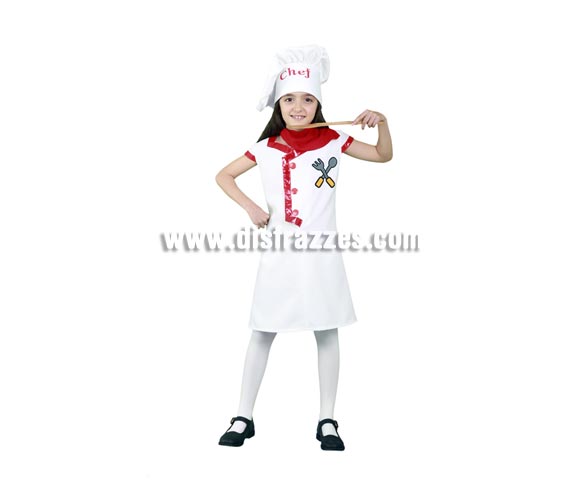 Disfraz super barato de Cocinera para niñas de 5 a 6 años. Incluye gorro, vestido y pañuelo.