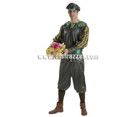 Disfraz o traje de Paje del Rel Melchor adulto. Talla Standar de hombre. Contiene pantalón, camisa, cinturón y gorro. 
