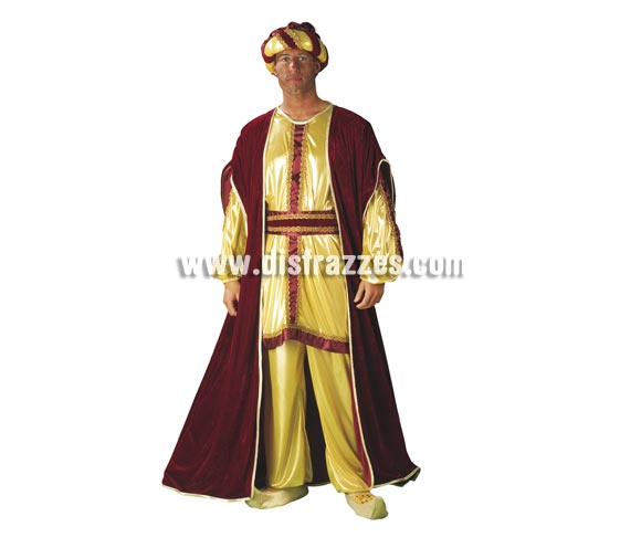 Disfraz o traje de Rey Mago Baltasar adulto. Talla Standar de hombre. Contiene pantalón, blusón, capa, cinturón y turbante. Babuchas NO incluidas podrás verlas en la sección de Complementos.