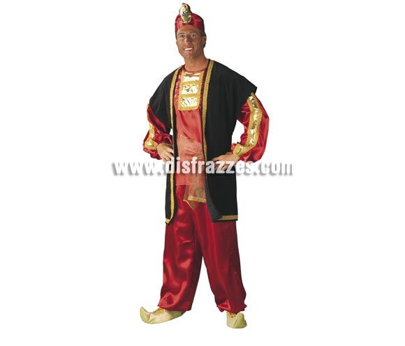 Disfraz o traje de Paje del Rel Baltasar adulto. Talla Standar de hombre. Contiene pantalón, camisa, chaleco, cinturón y turbante. Babuchas NO incluidas, podrás verlas en la sección de Complementos.