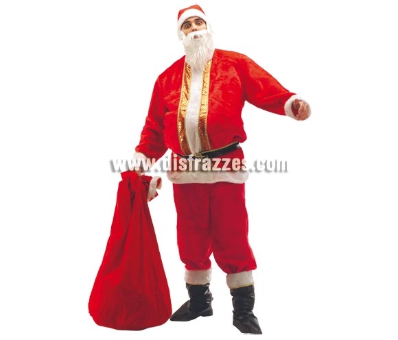 Disfraz o traje adulto de Papa Noel. Talla Standar de hombre. Contiene pantalón, chaqueta, cinturón, gorro y cubrebotas. Accesorios como el saco y la peluca y barba NO incluidos, podrás verlos en la sección de Complementos.