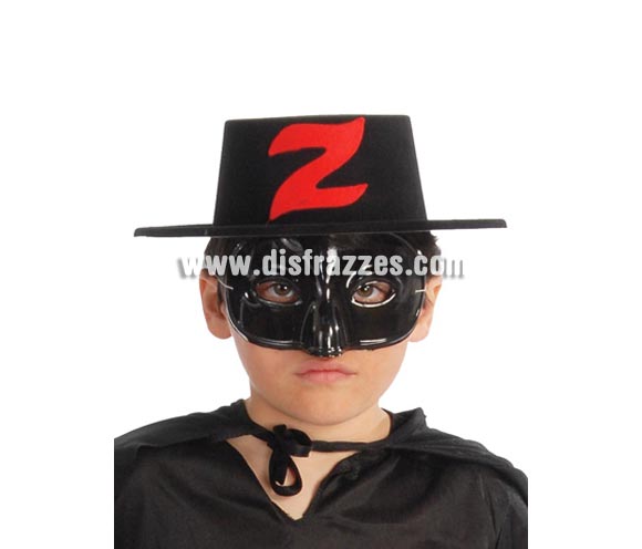 Sombrero de plástico flocado bandido infantil. La letra Z es de color blanco. Perfecto como complemento si vas a disfrazar a tu hijo de El Zorro.