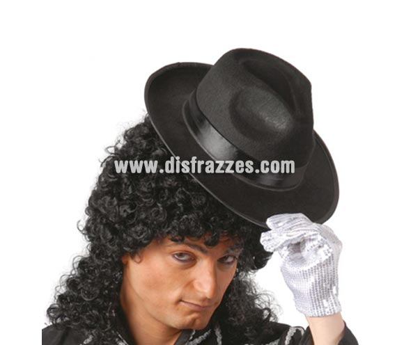 Sombrero Rey del Pop negro con cinta negra. Sombrero de Ganster negro con cinta negra. Perfecto como complemento si te vas a disfrazar de Michael Jackson o de Ganster.