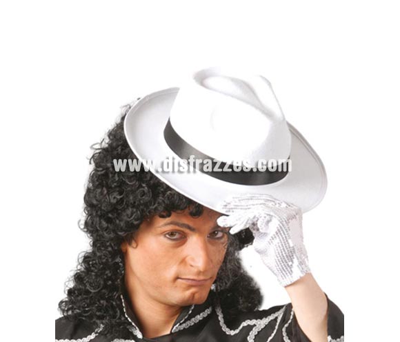 Sombrero Rey del Pop blanco con cinta negra. Sombrero de Ganster blanco con cinta negra. Perfecto como complemento si te piensas disfrazar de Michael Jackson o de Ganster.