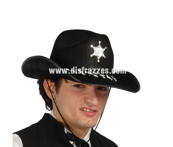Sombrero fieltro Sheriff negro. Para ser el Vaquero o Pistolero más respetado del lejano Oeste ya que es quien impone la Ley.