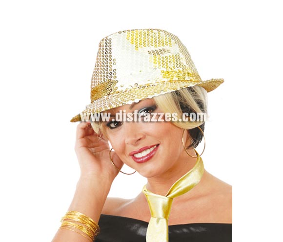 Sombrero Ganster FASHION lentejuelas oro. Perfecto para Despedidas de Soltera y para bailes de Academias, Gimnasios o Colegios.