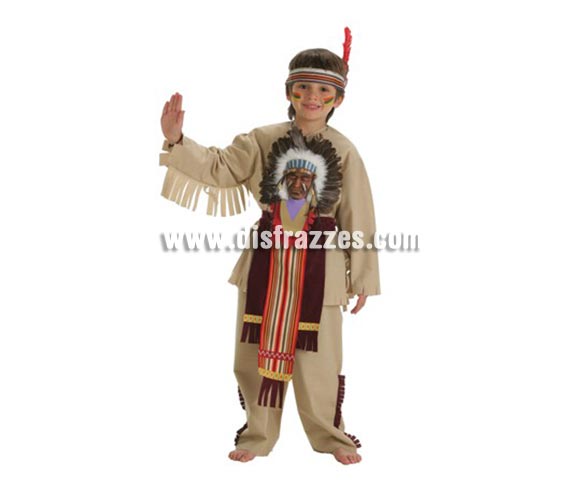Disfraz de Indio Sioux para niños de 7 a 9 años. Contiene: Pantalón, faldilla, accesorio indio, pluma y chaqueta.