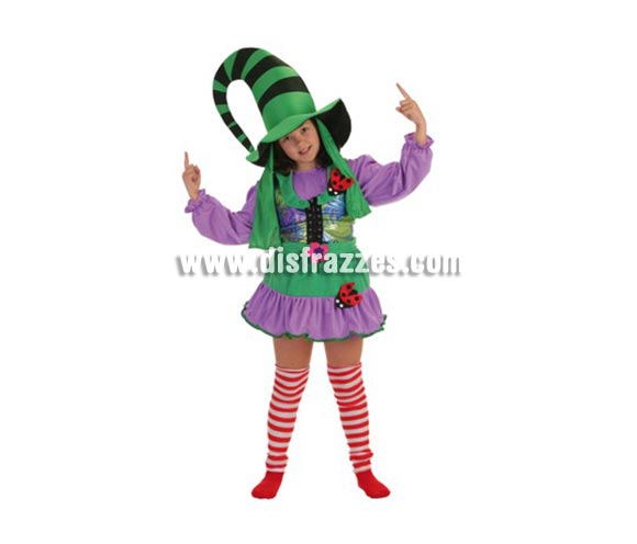 Disfraz de Duendecilla verde niñas de 3 a 5 años. Contiene: Falda, camisa, chaleco, cinturón, sombrero y calcetines.