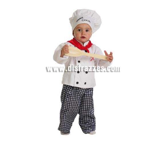 Disfraz de Cocinero para bebés hasta 18 meses. Contiene: Pantalón, chaqueta, pañuelo y gorro. (sin cuchara).