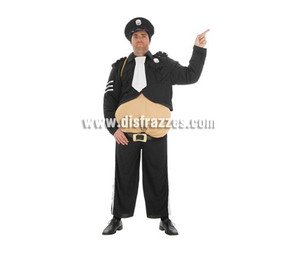 Disfraz de Policía Barrigón para hombre. Talla Universal. Contiene: Pantalón, cinturón, cahqueta, sombrero y barriga con relleno.