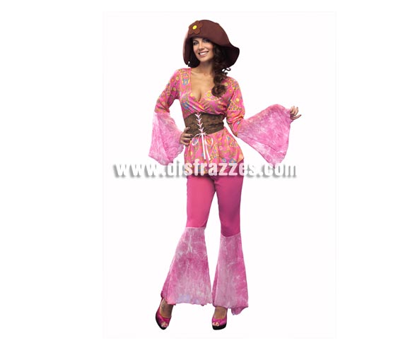 Disfraz de Chica Floral psicodélica. Talla standar M-L = 38/42. Incluye camisa, pantalón, cinturón y sombrero. Precioso disfraz de Hippie Floral para mujer.