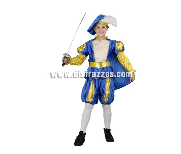 Disfraz de Príncipe Azul para niños de 5 a 6 años. Incluye camisa, pantalón, capa y gorro. Espada NO incluida, podrás verla en la sección de Complementos.