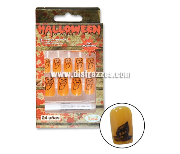 Caja 24 uñas naranjas con pegamento para Halloween.