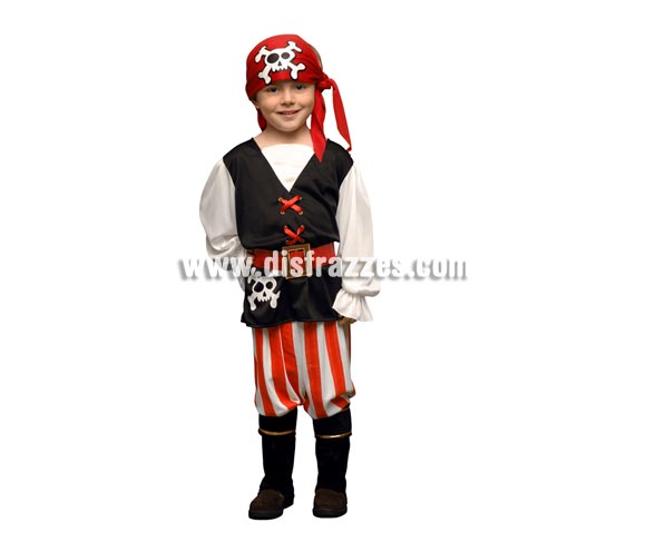 Disfraz barato de niño pirata de 1 a 2 años. Incluye chaleco, pantalón, pañuelo de la cabeza, cinturón y cubrebotas.