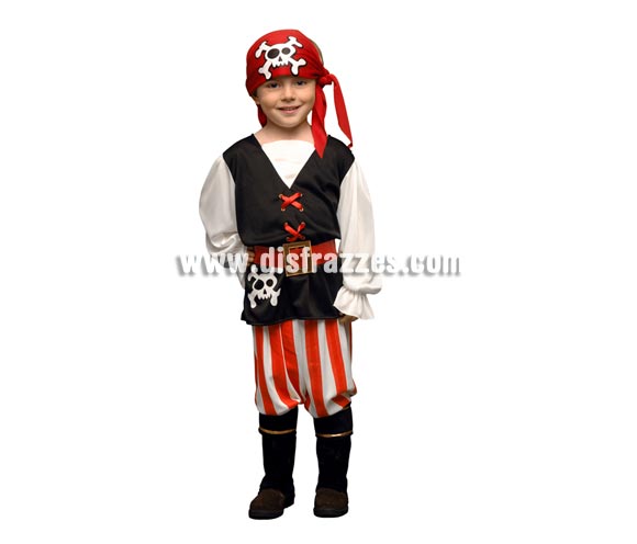 Disfraz barato de niño pirata de 3 a 4 años. Incluye chaleco, pantalón, pañuelo de la cabeza, cinturón y cubrebotas.