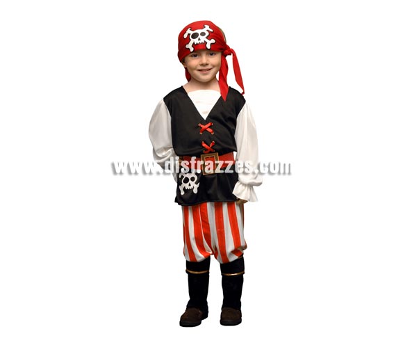 Disfraz barato de niño pirata de 5 a 6 años. Incluye chaleco, pantalón, pañuelo de la cabeza, cinturón y cubrebotas.