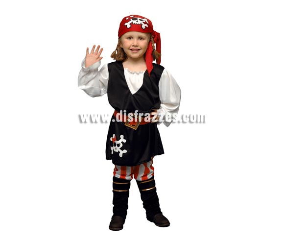 Disfraz barato de niña Pirata de 1 a 2 años. Incluye chaleco, pantalón, pañuelo de la cabeza, cinturón y cubrebotas.
