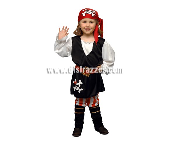 Disfraz barato de niña Pirata de 3 a 4 años. Incluye chaleco, pantalón, pañuelo de la cabeza, cinturón y cubrebotas.