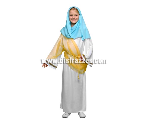 Disfraz barato de Virgen María para niñas de 5 a 6 años. Incluye túnica, manto (2 piezas) y cordón.