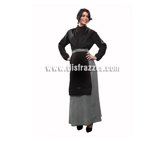 Disfraz de Castañera para mujer. Talla standar M-L = 38/42. Incluye camisa, falda con delantal y pañuelo negro. También se podría usar como disfraz de Vieja o Anciana o Abuela.