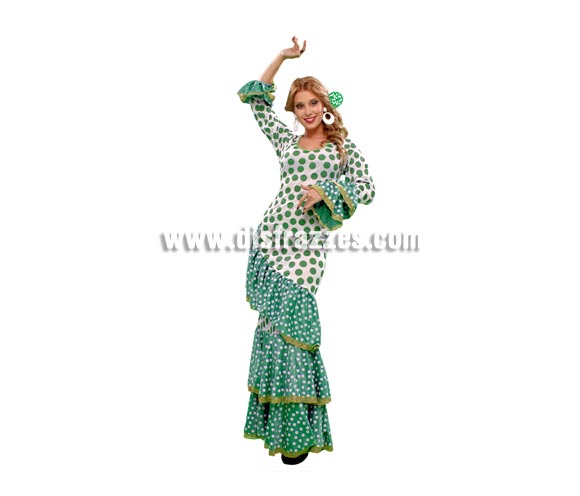 Disfraz de Soleá verde y blanco para mujer. Talla standar M-L = 38/42. Incluye vestido. Disfraz de Sevillana, Flamenca o Gitana para mujer.