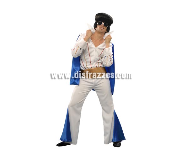 Disfraz de Elvis para hombre. Talla standar M-L = 52/54. Incluye camisa con capa, pantalón y cinturón. Peluca y gafas NO incuidas, podrás verlas en la sección de Complementos.