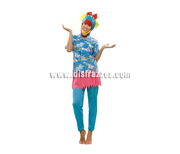 Disfraz de Pájara Hawaiana para mujer. Talla standar M-L = 38/42. Incluye camisa, pantalón, falda y gorro.