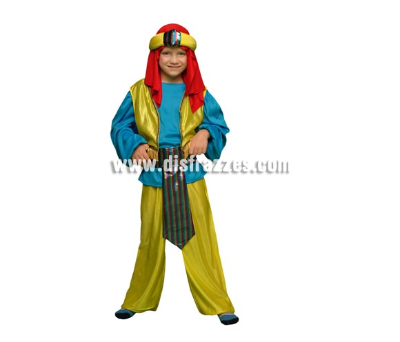 Disfraz de Paje Real o Príncipe Árabe para niños de 7 a 9 años. Incluye camisa, chaleco, pantalón, cinturón y tocado de la cabeza. Perfecto para disfrazar a los niños de Árabes o también como Paje de los Reyes Magos.