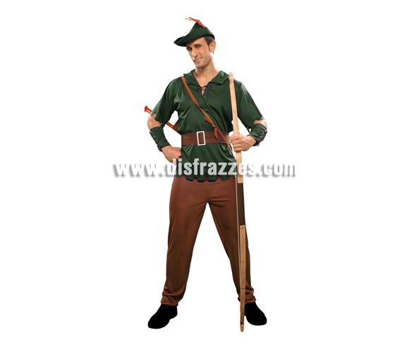 Disfraz de Robin Hood para hombre. Talla standar M-L = 52/54. Incluye camisa, pantalón, sombrero, cinturón y 2 muñequeras.
