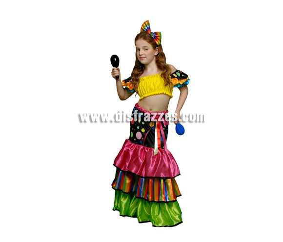 Disfraz de Salsa para niñas de 7 a 9 años. Incluye camisa, pantalón y tocado o lazo. Disfraz de Brasileña, Caribeña o Rumbera para niñas. Maracas NO incluida, podrás verlas en la sección de Complementos.