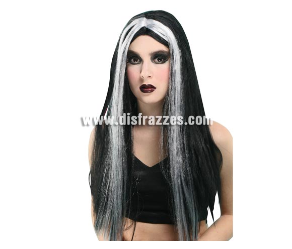 Peluca barata blanca y negra de Morticia para Halloween.