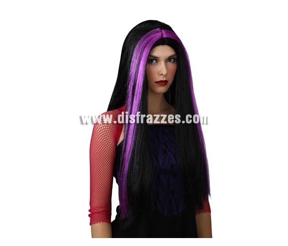 Peluca larga morena y púrpura para Halloween. Perfecta para disfraz de Bruja.