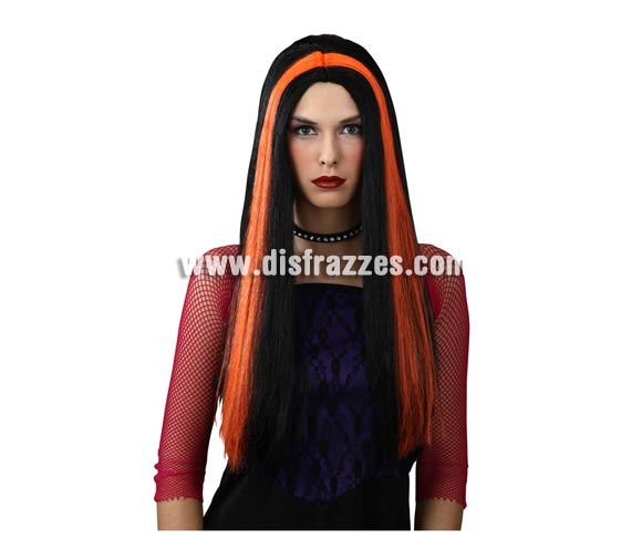 Peluca larga morena y naranja para Halloween. Perfecta para disfraz de Bruja.