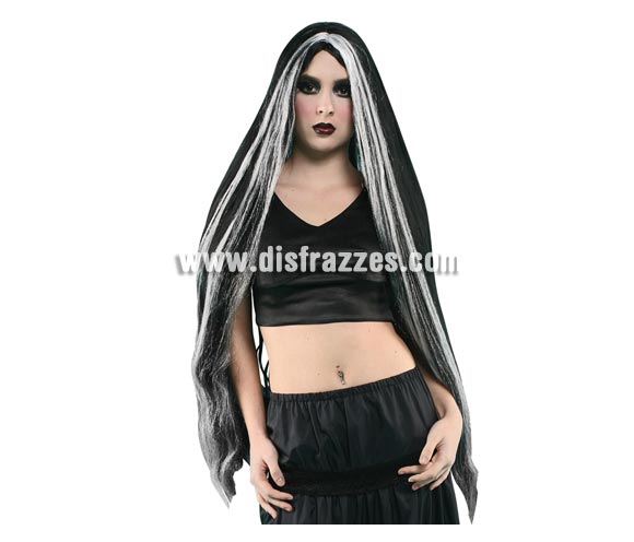 Peluca extralarga negra con mechón blanco perfecta para el disfraz de Bruja o de Morticia.