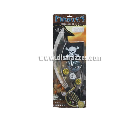 Blister conjunto Pirata. Contiene bandera pequeña, sable pirata, parche, brújula y dos monedas.