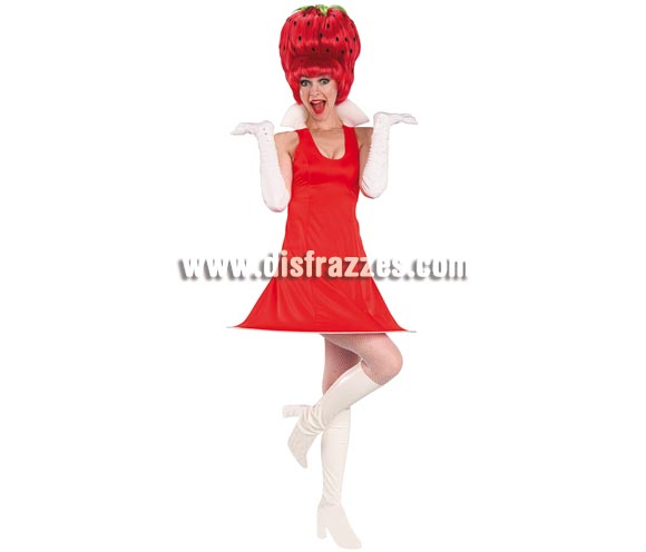 Disfraz de Fresa o Fresita con peluca para mujer. Talla standar de mujer. Incluye vestido, cubrebotas y peluca.