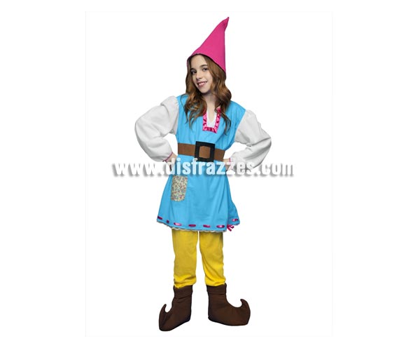 Disfraz de Gnoma para niñas de 5 a 6 años. Incluye camisa, pantalón, gorro, cinturón y cubrebotas. También sirve como disfraz de Enanita, Duende o Elfa para niñas y es perfecto para acompañar a Papa Noel en Navidad.