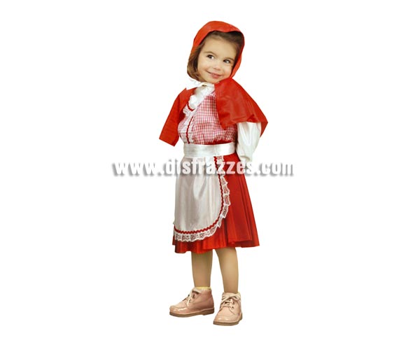 Disfraz super barato de Caperucita Roja para niñas de 7 a 9 años. Incluye vestido, delantal y caperuza.