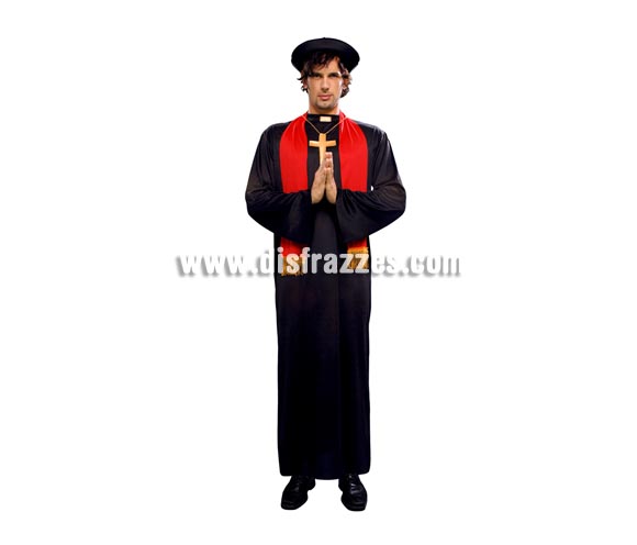 Disfraz de cura Adulto Económico. Talla única 52/54. Incluye gorro, túnica, estola y medallón. Disfraz de cura de la Iglesia con estola.