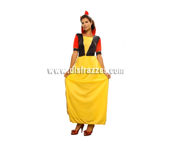 Disfraz de Blancanieves barato para mujer. Talla standar M-L = 38/42. Incluye vestido y diadema. Disfraz perfecto para hacer teatros o para que los peques se acerquen a saludarte.
