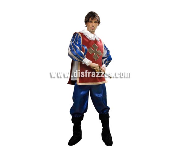 Disfraz de Mosquetero adulto para hombre. Talla única 52/54. Incluye camisa, pantalón, cubrebotas y peto. Espada NO incluida, podrás verla en la sección Complementos.
