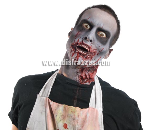Kit maquillaje Zombies para Halloween. Éste Halloween con un poco de maña y paciencia te podrás hacer un maquillaje como el de la imagen. Incluye dentadura, esponja, sangre y crema de maquillaje blanca, 2 pastillas de cera moldeadora de color marrón y set de maquillaje con pincel aplicador, 2 tonos de maquillaje (verde y morado) y 2 barras de maquillaje pequeñas (1 negra y una blanca). Lo necesario para hacerte un buen maquillaje de Zombie.