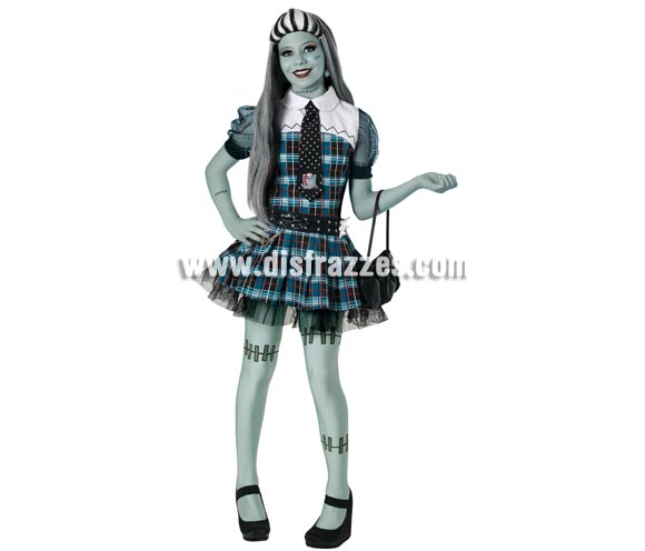 Disfraz de Frankie Stein de las MONSTER HIGH lujo para niñas. Disponible en varias tallas. Incluye top, falda, corbata, cinturón, leggins y peluca. Bolso NO incluido. Disfraz Exclusivo con licencia perfecto para regalar a cualquier niña moderna. Presentación en caja regalo. 