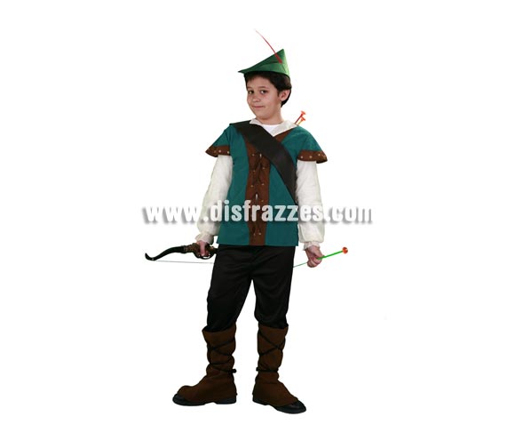 Disfraz de Robin Hood infantil. Talla de 10 a 12 años. Incluye sombrero, casaca, cubrebotas, pantalón y bandolera. Disfraz de Robin de los Bosques para niño.