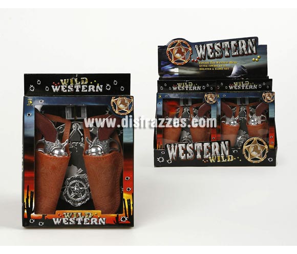 Set de 2 Pistolas con fundas y Accesoris del Oeste. Ideal para tu disfraz de Vaquero o Pistolero.