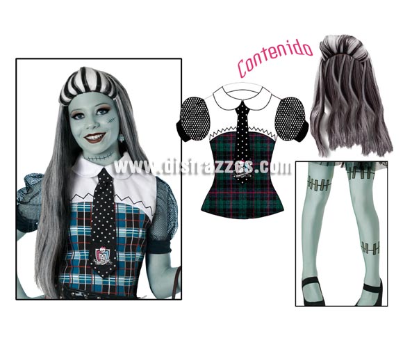 Disfraz de Frankie Stein de las  MONSTER HIGH para niñas. Disponible en varias tallas. Contiene top, cubrebotas y peluca. Disfraz Exclusivo y de licencia perfecto como regalo. Presentación en percha y bolsa.