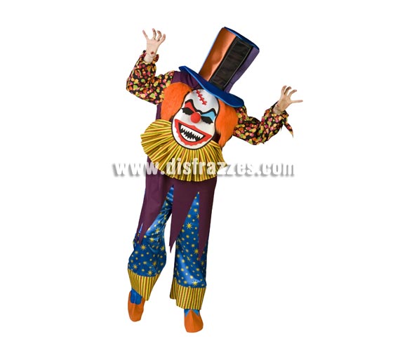Disfraz de Payaso Terror Especial para adultos. Talla de hombre (50) y de mujer (44). Incluye disfraz completo como en la imagen. Con éste disfraz no te ven la cara ya que ves a través de una rejilla que hay en el sombrero y es de un diseño muy novedoso y original. ¡¡Llamarás la atención, seguro!!