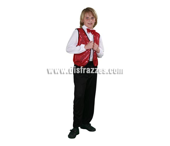 Disfraz de Charlestón rojo para niños de 10 a 12 años. Incluye camisa con pajarita, chaleco y pantalones. También sirve como disfraz de Cabaretero, Crupier o Croupier para niños.