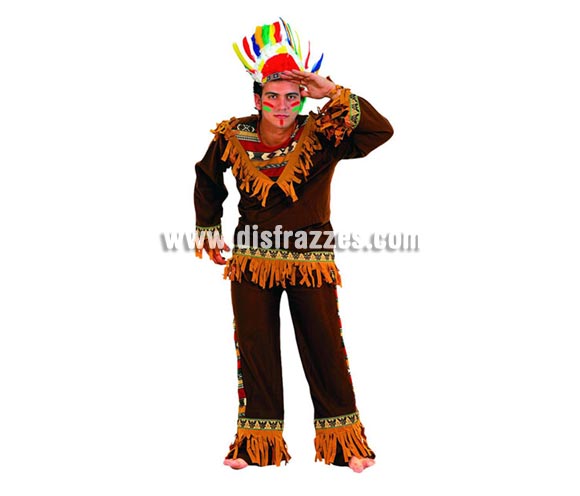 Disfraz barato de indio marrón para hombre. Talla 2 ó talla standar M-L 52/54. Incluye pantalón, camisa y penacho.